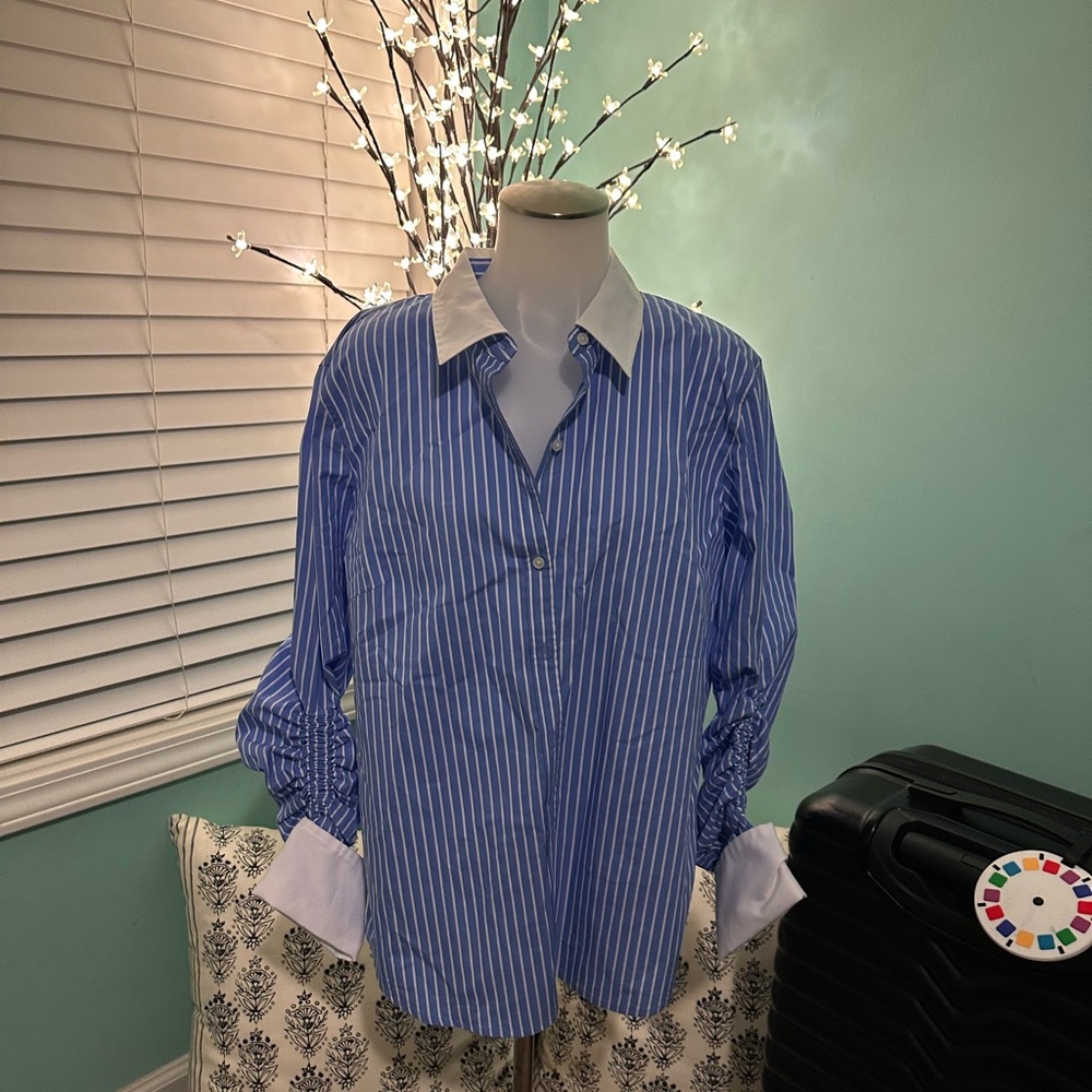 White House Black Market Blue and White Striped Blouse